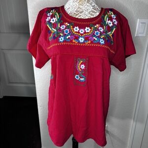 YZXDORWJ Baby Doll Top Womens 3XL Red Short Sleeve Embroidered Floral Artsy